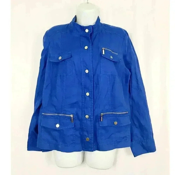 Chico’s Cobalt Blue Jacket Shacket Sz 1 100% Linen Women's High Neck - Picture 1 of 16